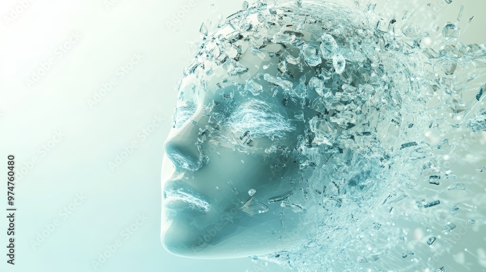 3d glass robot head with floating water droplets and digital data in a soft blue gradient 3d glass robot head with floating water droplets and digital data in a soft blue gradient