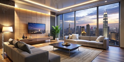 Modern Living Room Interior Design with City View, 3D Rendering, Night Cityscape, Interior Design, City View, Modern Living Room