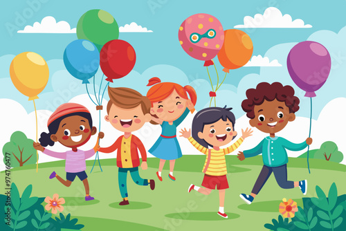 Vector illustration of boys and girls of divers group playing with balloon and enjoying together