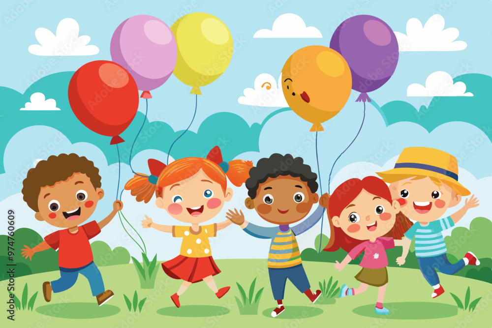 Vector illustration of boys and girls of divers group playing with balloon and enjoying together Vector illustration of boys and girls of divers group playing with balloon and enjoying together