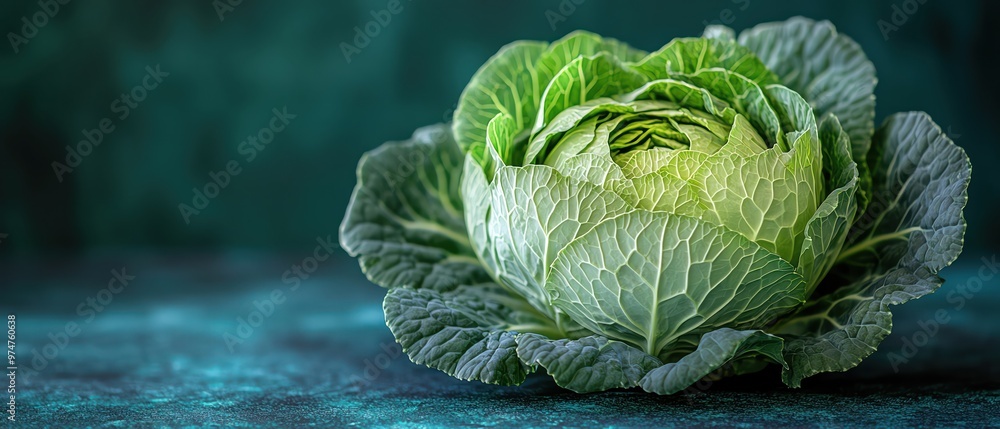 Fototapeta premium Fresh green cabbage in full bloom, isolated against a vibrant teal background