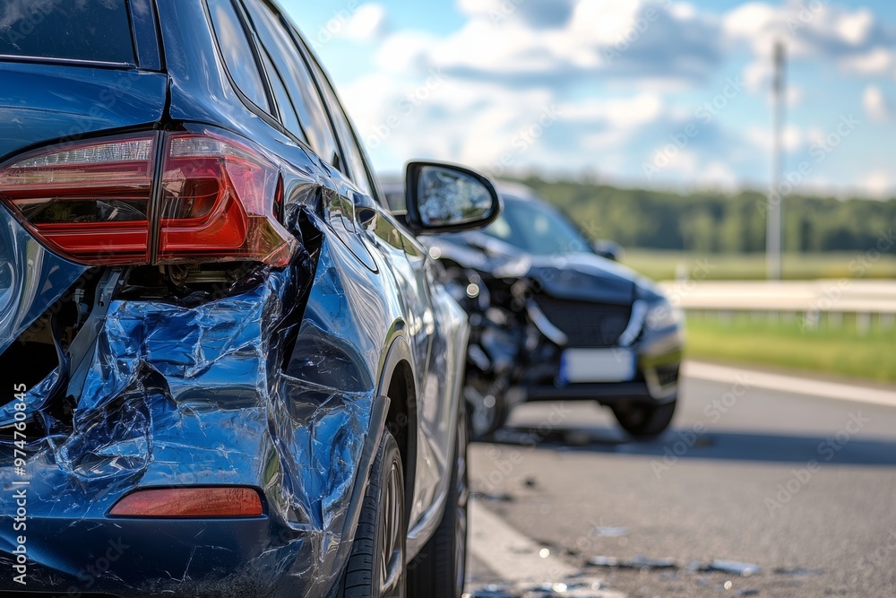 Traffic accident scene blue car and black suv collide on summer day with visible damage and dents Traffic accident scene blue car and black suv collide on summer day with visible damage and dents