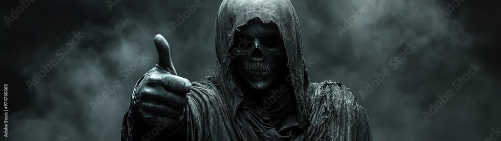 Grim Reaper giving a thumbs up, dark background, eerie approval Grim Reaper giving a thumbs up, dark background, eerie approval