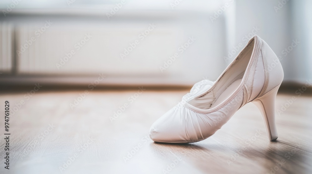 A single elegant white high-heeled shoe placed on a wooden floor. A single elegant white high-heeled shoe placed on a wooden floor.