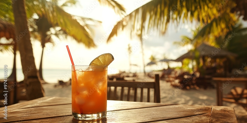 Tropical drink on wooden table, palm trees in background. Tropical drink on wooden table, palm trees in background.