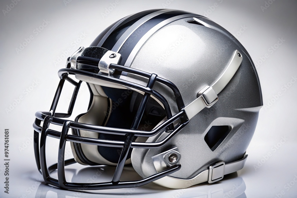 A close-up shot of a silver and black football helmet with a distinctive stripe design, adorned with a logo and facemask, on a white background. A close-up shot of a silver and black football helmet with a distinctive stripe design, adorned with a logo and facemask, on a white background.