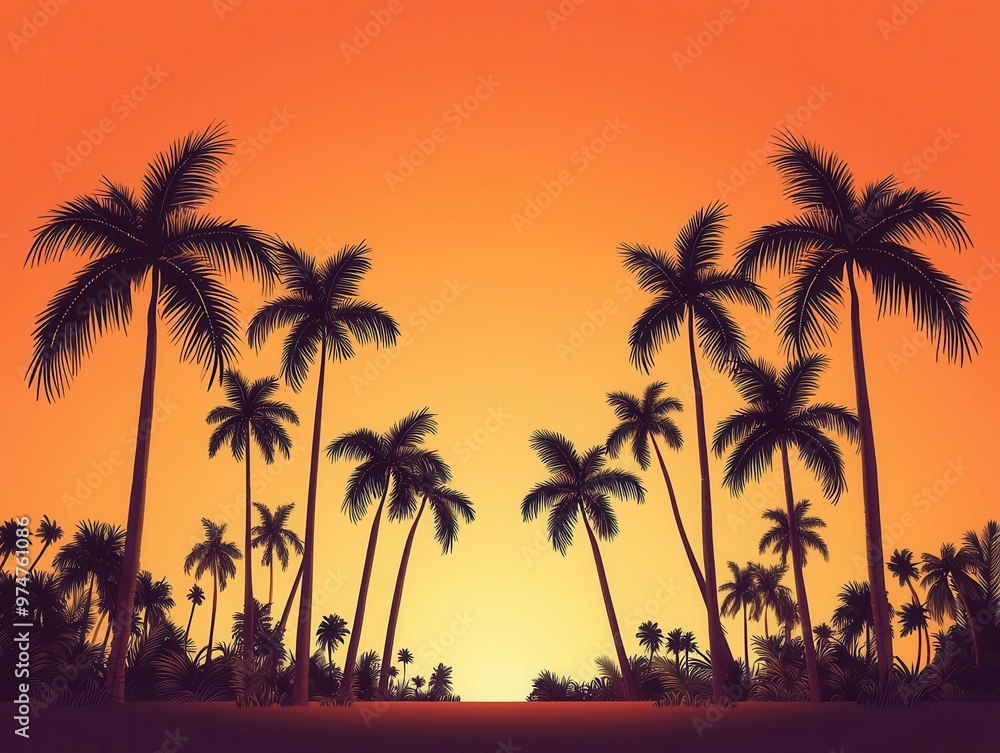 Palm trees silhouetted against a sunset sky, their leaves rustling softly in the tropical breeze palm trees, jungle, sunset breeze Palm trees silhouetted against a sunset sky, their leaves rustling softly in the tropical breeze palm trees, jungle, sunset breeze