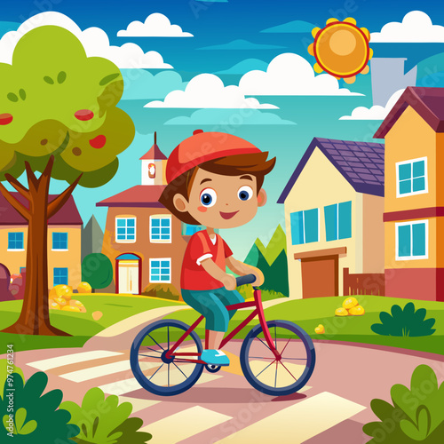 Vector illustration of a boy cycling in neighborhood 