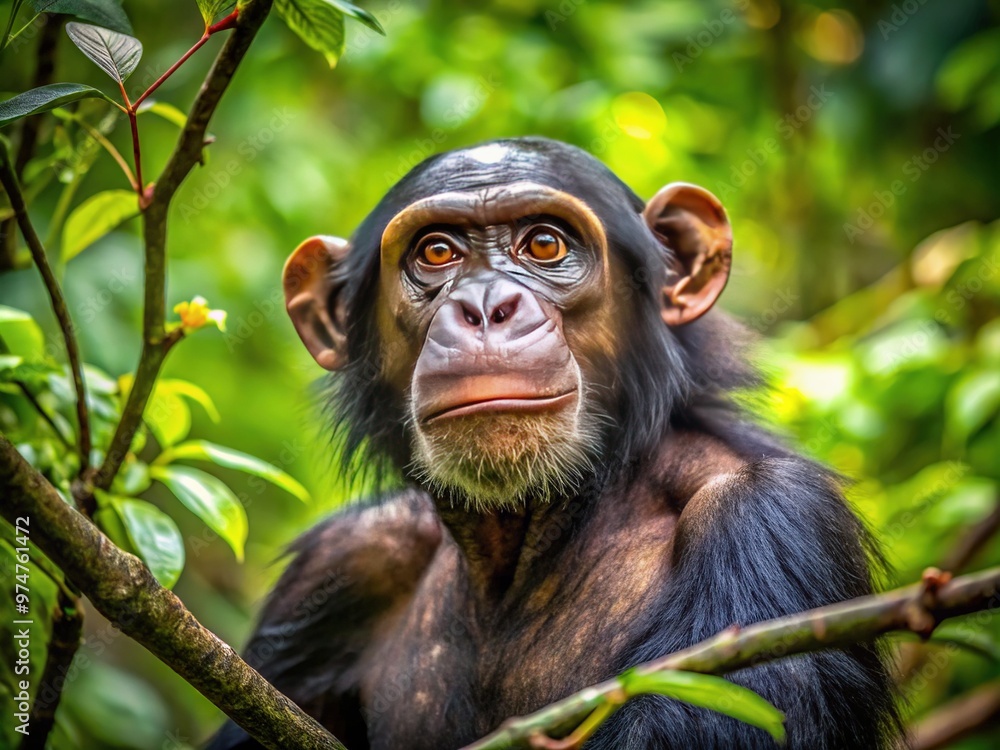A curious chimpanzee perches on a branch, gazing upwards with inquisitive eyes, surrounded by lush green foliage in a vibrant forest canopy atmosphere.