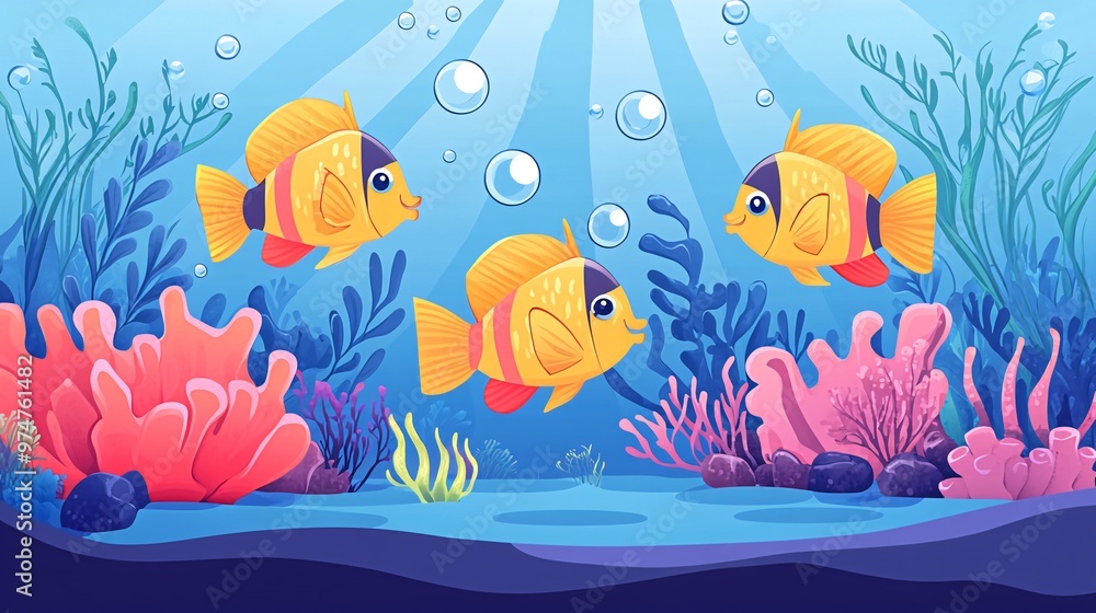 Naklejka premium Three cartoon yellow fish with black markings swim together in a colorful underwater scene with coral, seaweed and bubbles.