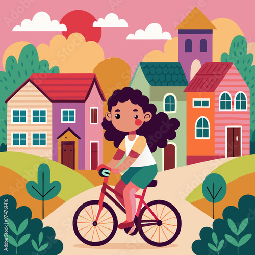 Vector illustration of of a girl cycling in neighborhood 