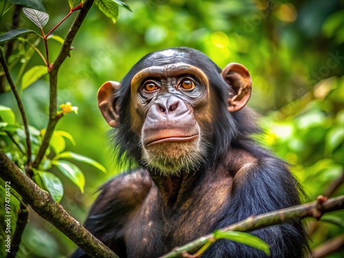 A curious chimpanzee perches on a branch, gazing upwards with inquisitive eyes, surrounded by lush green foliage in a vibrant forest canopy atmosphere.