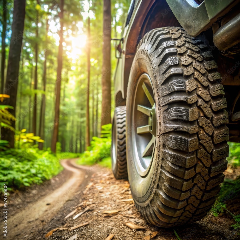 Off-Road Adventure Close-up of a Tire on a Dirt Trail in a Lush Forest, forest, off-road, adventure Off-Road Adventure Close-up of a Tire on a Dirt Trail in a Lush Forest, forest, off-road, adventure