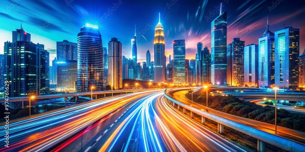 Fototapeta premium Nighttime Cityscape with Light Trails, Dubai, United Arab Emirates, Urban Photography, Architecture, Night