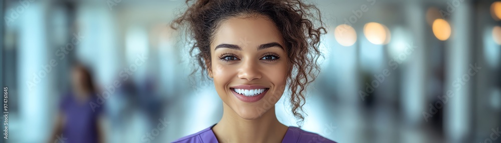 Smiling nurse in a hospital hallway, wearing purple scrubs, bright lighting Smiling nurse in a hospital hallway, wearing purple scrubs, bright lighting