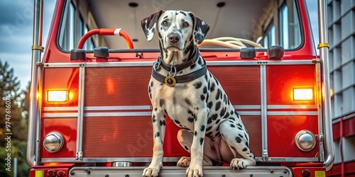 A Dalmatian dog, symbol of firefighting, sits proudly on a fire truck's rear bumper, surrounded by emergency lights and equipment, ready for action. photo