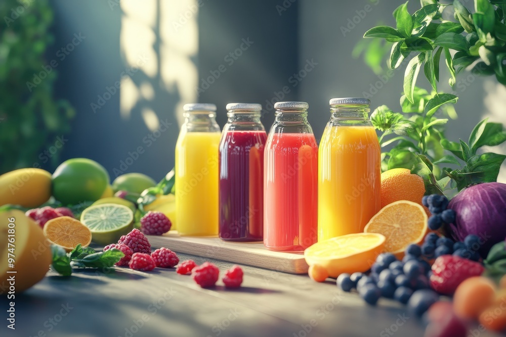 A vibrant display of colorful fruit juices in glass bottles, surrounded by fresh fruits and greenery. A vibrant display of colorful fruit juices in glass bottles, surrounded by fresh fruits and greenery.
