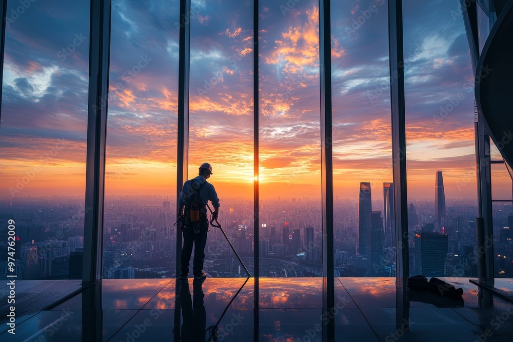 A dedicated worker cleans glass windows amidst a stunning sunset over the city skyline A dedicated worker cleans glass windows amidst a stunning sunset over the city skyline
