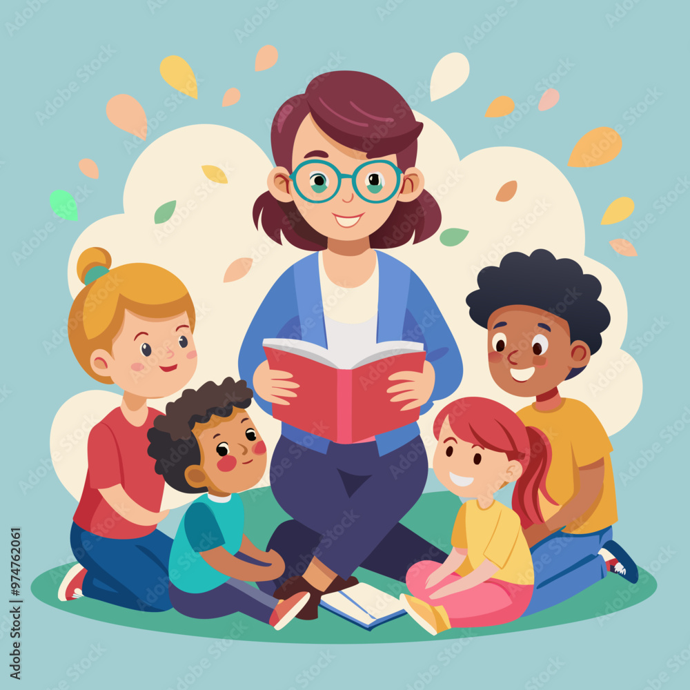 vector illustration of a teacher reading books and telling story to her students vector illustration of a teacher reading books and telling story to her students