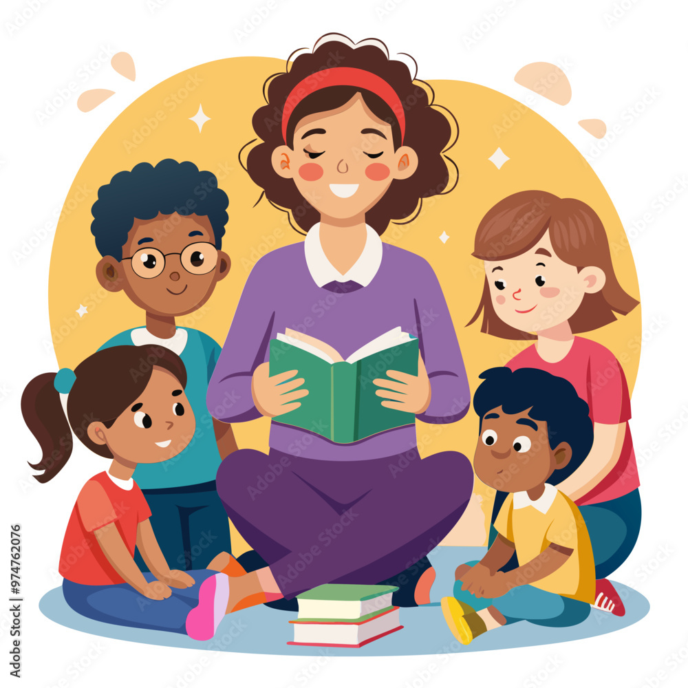 vector illustration of a teacher reading books and telling story to her students vector illustration of a teacher reading books and telling story to her students