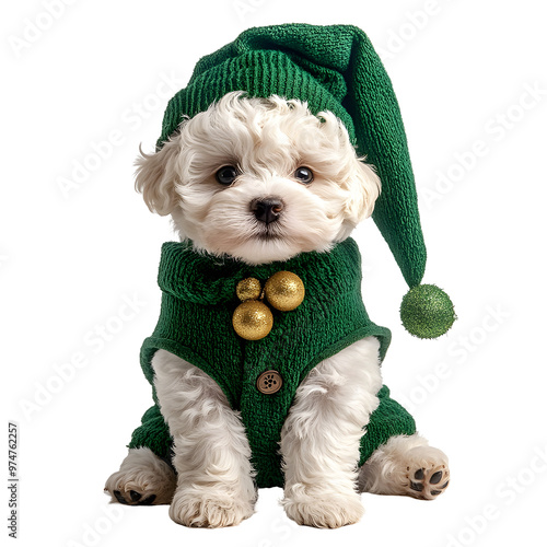 Adorable Bichon Frise Puppy Wearing Playful Green Elf Costume with Hat on Isolated White Background photo