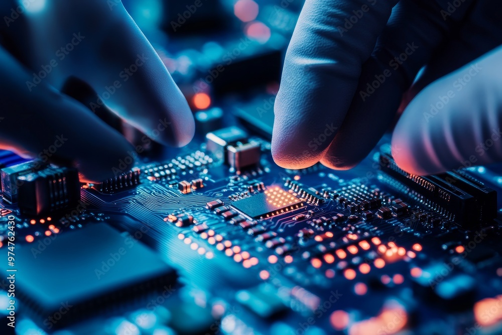 Close up of a gloved hand placing a microchip on a blue circuit board showcasing technology Close up of a gloved hand placing a microchip on a blue circuit board showcasing technology