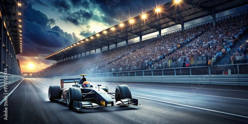 Race Car Speeding Towards Sunset on Track, 3D Illustration, Race Track, Formu...