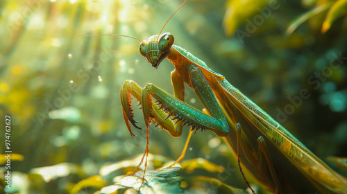 A vibrant green praying mantis perched on a plant, detailed in hyper-realistic nature