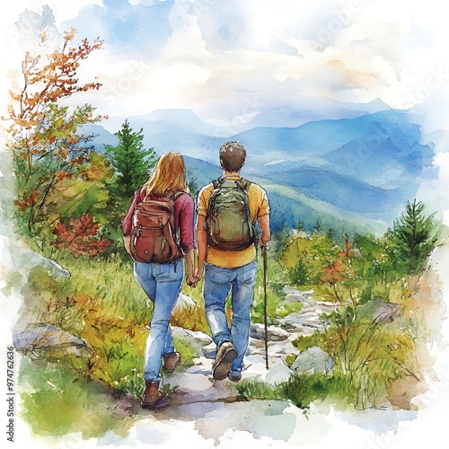 Watercolor Illustration of a Couple Hiking in the Mountains.