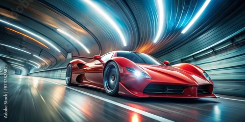 Red Sports Car Speeding Through a Futuristic Tunnel, digital art, speed, neon lights, futuristic, car, sports car