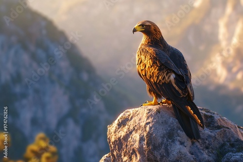 Golden Eagle Perched on Mountain Peak at Sunset