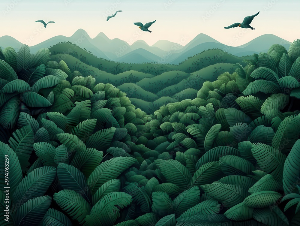 Fototapeta premium A jungle valley filled with tropical trees, the wind moving through the leaves as birds fly overhead jungle valley, tropical, breeze