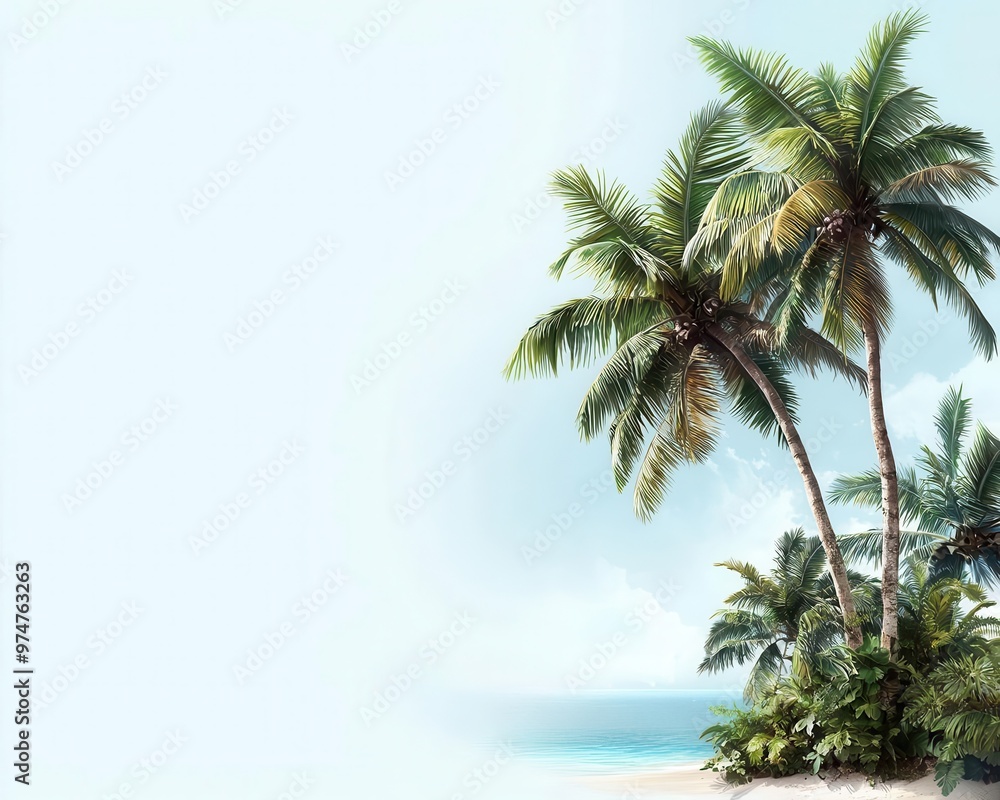 Obraz premium Coconut palms on the edge of a tropical island, their fronds dancing in the wind as the sea breeze rolls in coconut palms, jungle, sea breeze