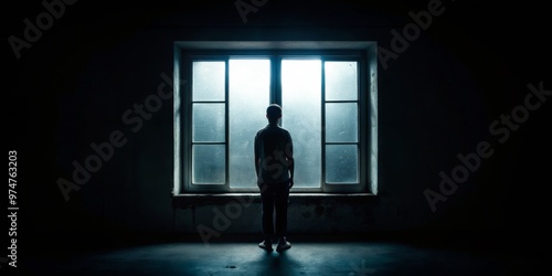 Silhouette of a Person Looking Out a Window, Dark Room, Window Light, Light Streaks, Window View, Shadow, Hope