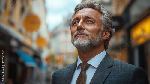 A middle-aged man with gray hair and a beard looks up thoughtfully in a city street.