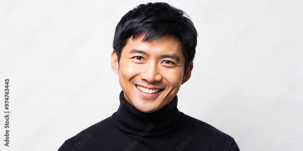 Smiling Man in Black Turtleneck, Portrait, White Background, headshot, Asian, male, portrait Smiling Man in Black Turtleneck, Portrait, White Background, headshot, Asian, male, portrait