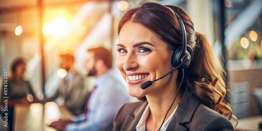 Smiling Customer Service Representative Wearing Headset in a Busy Office, Portrait, Close-up, Business, Communication, Customer Support, Helpdesk Smiling Customer Service Representative Wearing Headset in a Busy Office, Portrait, Close-up, Business, Communication, Customer Support, Helpdesk