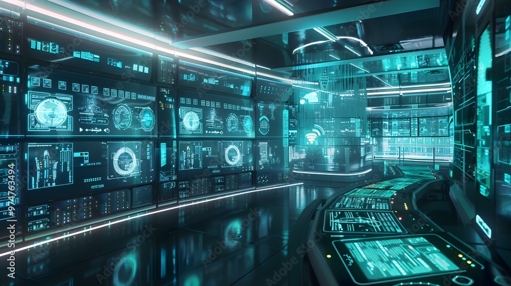 Obraz premium Disaster Recovery as a Service (DRaaS): A digital control room overseeing the replication and recovery of virtual and physical servers. AI-powered tools are shown managing the seamless recovery proces