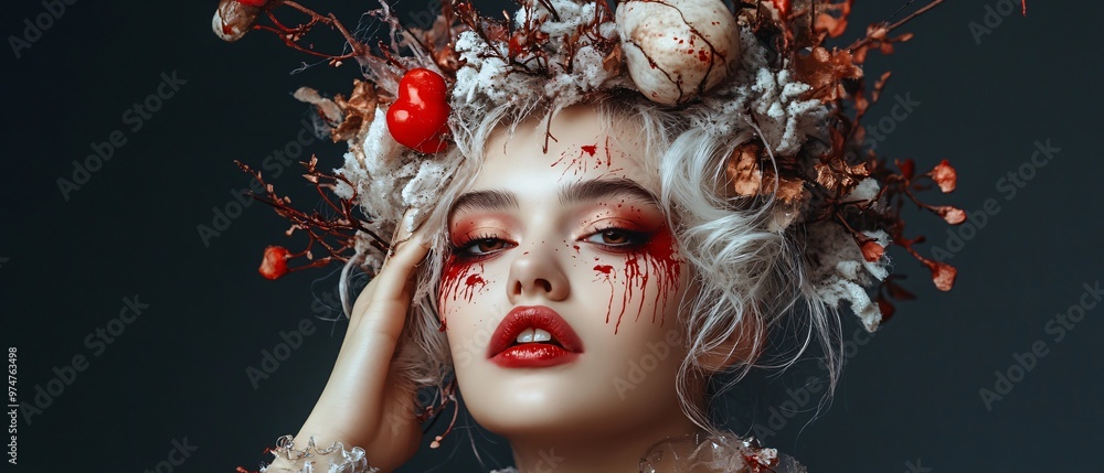 Creepy Halloween Model with Elaborate Blood-Splattered Makeup on Haunted Background Creepy Halloween Model with Elaborate Blood-Splattered Makeup on Haunted Background