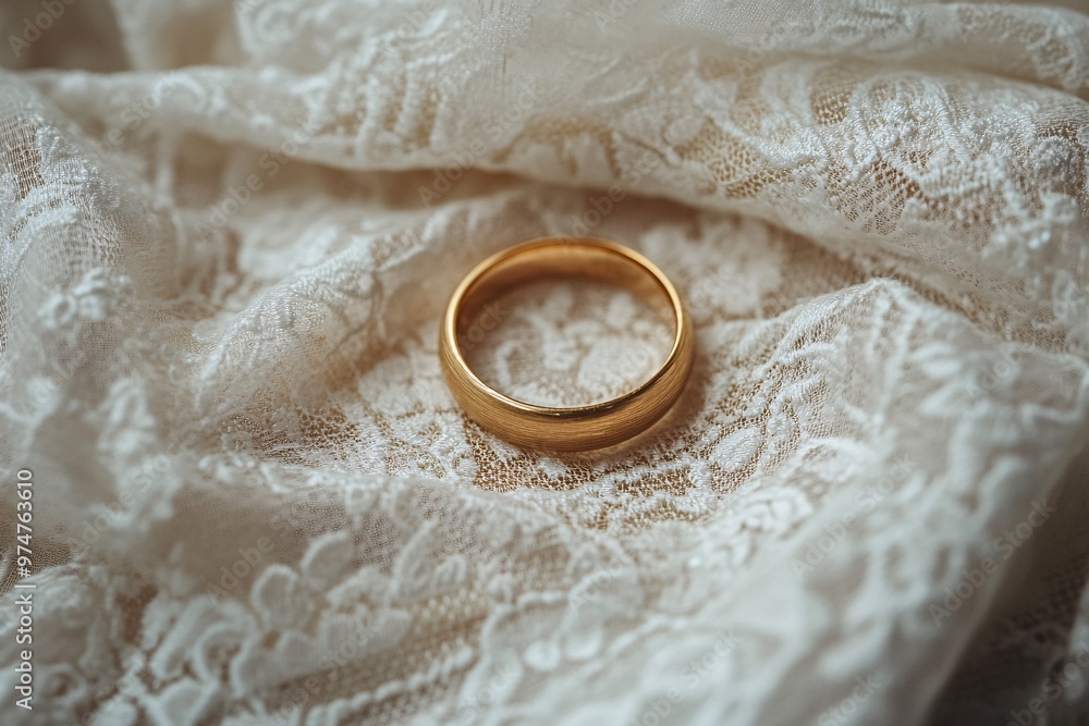 Gold Wedding Ring on Lace Fabric Gold Wedding Ring on Lace Fabric