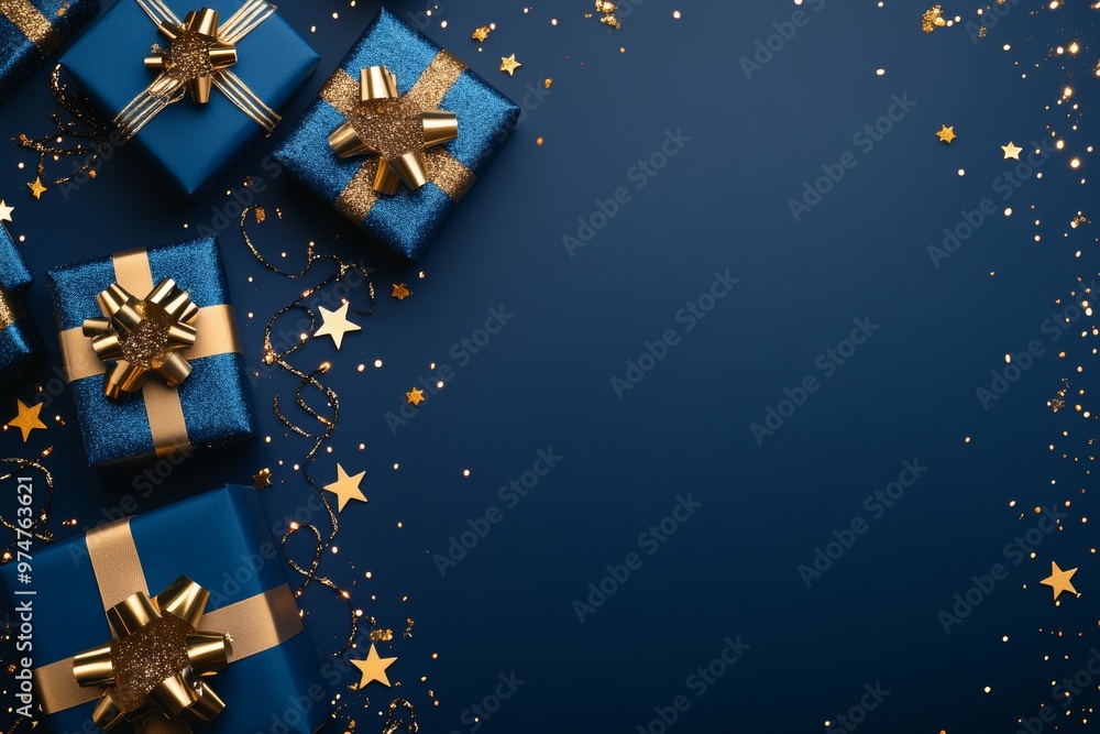 Festive christmas and new year background with blue gift boxes and golden stars on dark blue Festive christmas and new year background with blue gift boxes and golden stars on dark blue