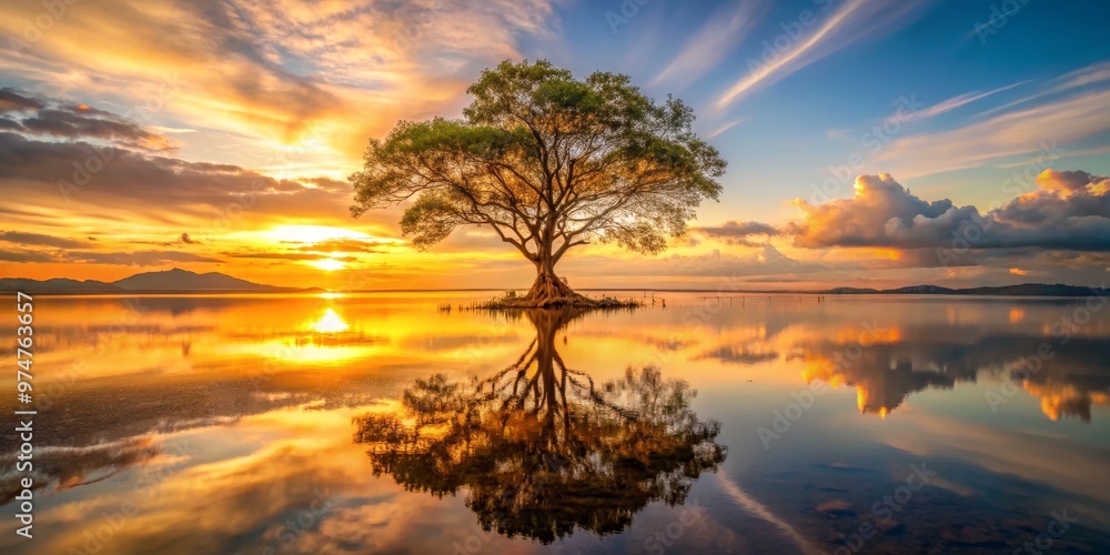 Fototapeta premium Solitary Tree Reflecting in Golden Sunset Waters, Landscape Photography, Nature, Tranquility, Reflection