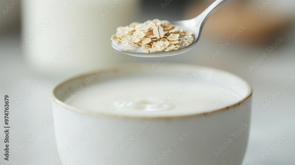 Close-up of raw oats falling from a spoon into a bowl of milk, with soft ripples in the milk, creating a fresh and wholesome morning scene, Nutrition, breakfast routine Close-up of raw oats falling from a spoon into a bowl of milk, with soft ripples in the milk, creating a fresh and wholesome morning scene, Nutrition, breakfast routine