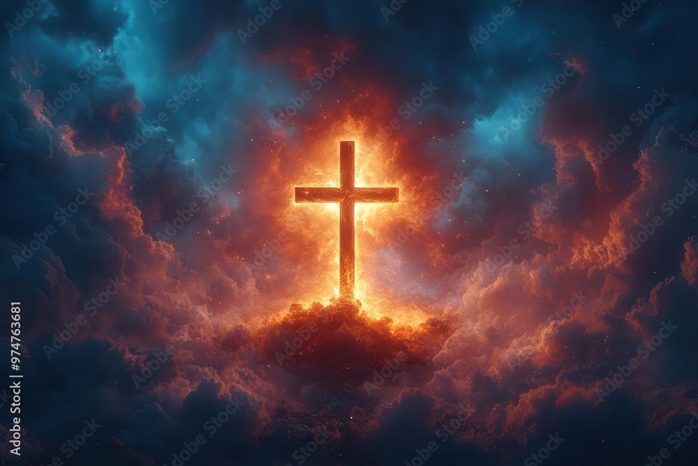 powerful religious image of illuminated cross on golgotha hill dramatic clouds parting to reveal divine light symbolizing hope and resurrection powerful religious image of illuminated cross on golgotha hill dramatic clouds parting to reveal divine light symbolizing hope and resurrection
