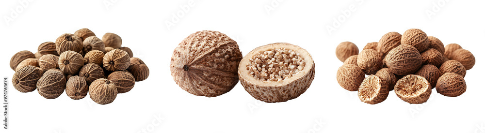 Set, collection of Dried nutmeg seeds isolated on transparent background. Set, collection of Dried nutmeg seeds isolated on transparent background.