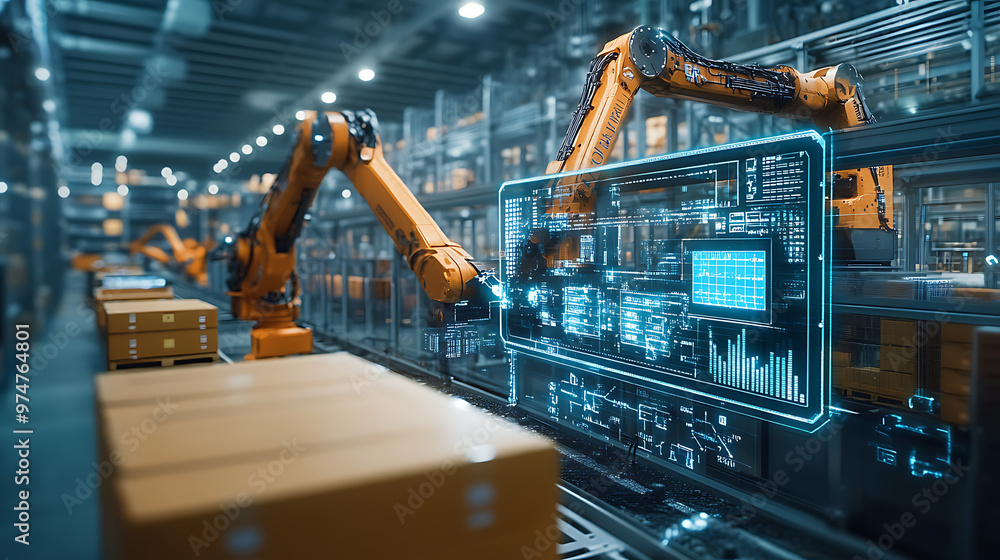 A futuristic distribution center with robotic arms and autonomous vehicles moving containers, with digital interfaces monitoring the flow of goods. The background shows smart technology managing A futuristic distribution center with robotic arms and autonomous vehicles moving containers, with digital interfaces monitoring the flow of goods. The background shows smart technology managing