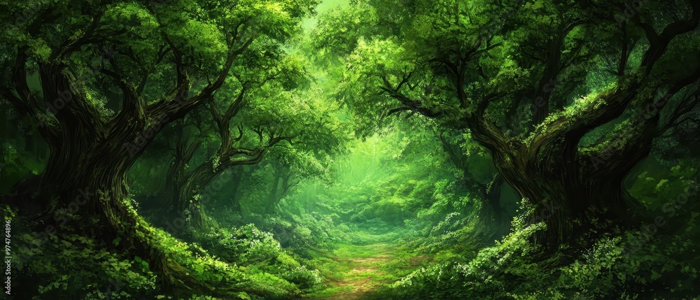 Fototapeta premium Enchanting Green Forest Pathway with Lush Foliage and Sunlight Filtering Through Trees
