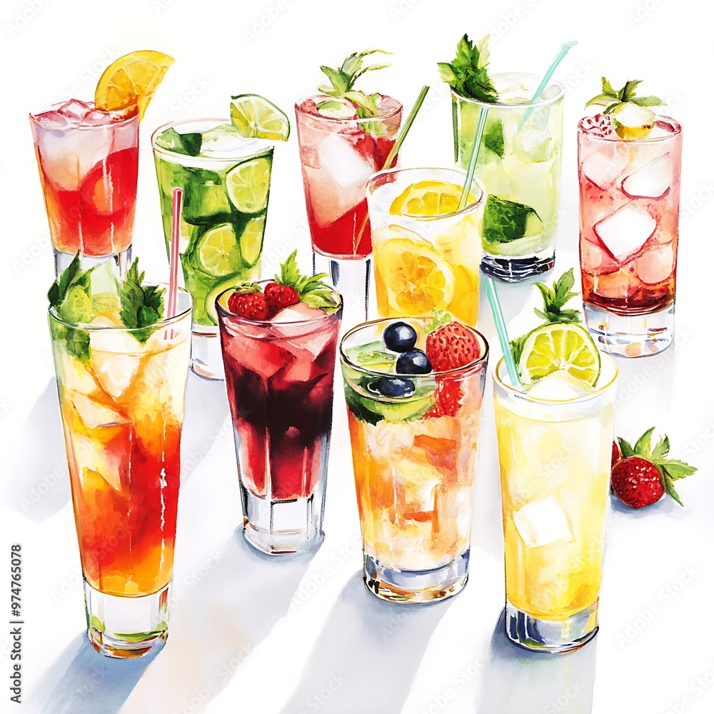 Watercolor Illustration of a Variety of Summer Cocktails. Watercolor Illustration of a Variety of Summer Cocktails.