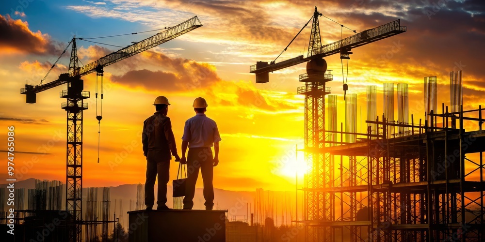 Two Construction Workers Silhouetted Against a Sunset Over a Construction Site, Digital Illustration, Construction, Architecture, Engineering Two Construction Workers Silhouetted Against a Sunset Over a Construction Site, Digital Illustration, Construction, Architecture, Engineering