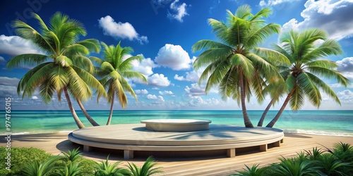 Tropical Beach Paradise with Round Platform, 3D Illustration, Palm Trees, Turquoise Water, Beach, Platform, Tropical